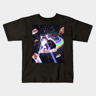 Laser Eyes Space Cat Riding Rainbow Pizza Kids T-Shirt